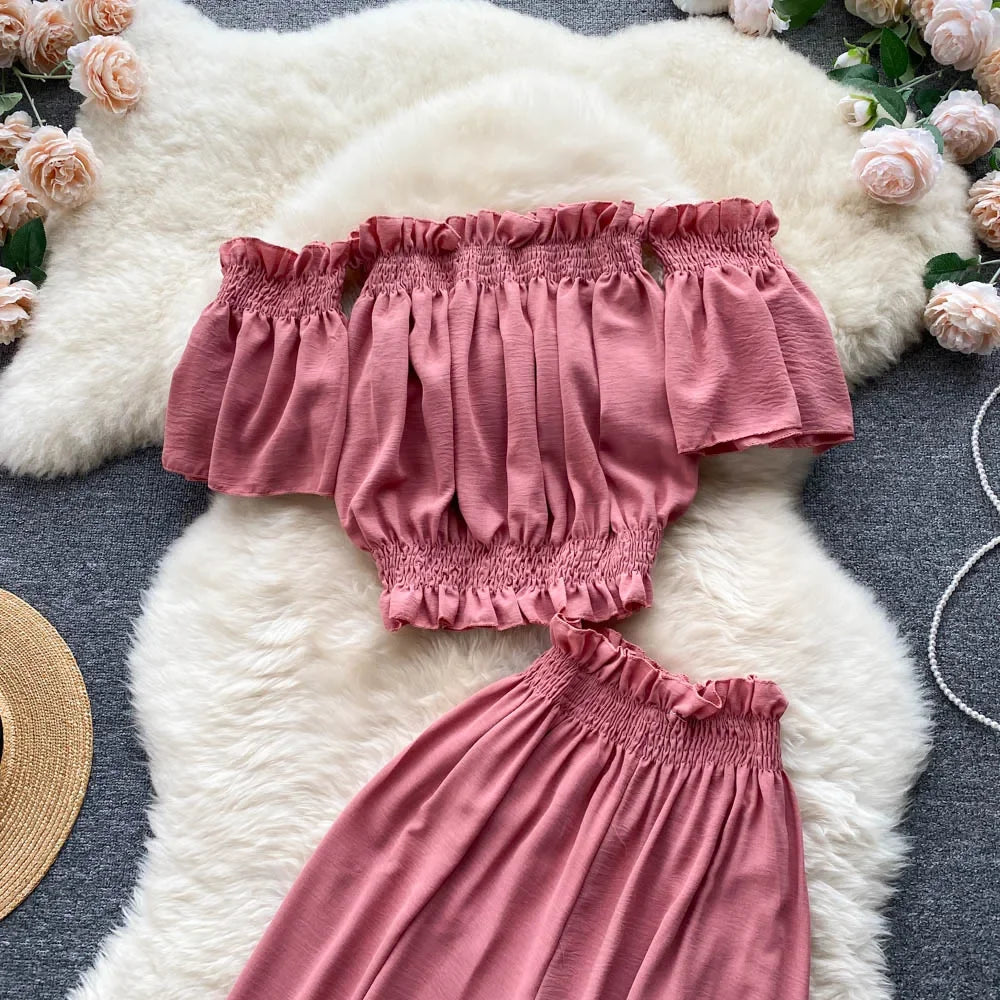 2024 Summer Green/Black/Red Two Piece Set Women Sexy Slash Neck Short Tops + High Waist Wide Leg Pants Female Suit New