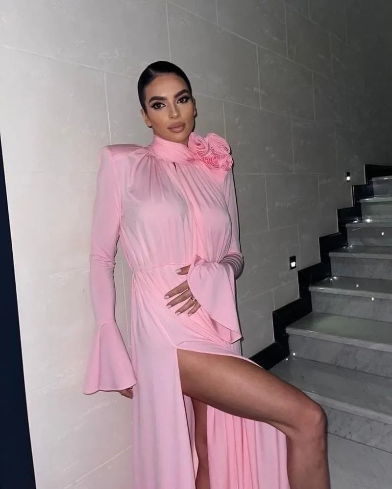 Elegante Y2K Mode Lange Flare Hülse V-ausschnitt Floral Schlitz Party Abendkleid Robe Vintage Frauen Falten Langes Kleid