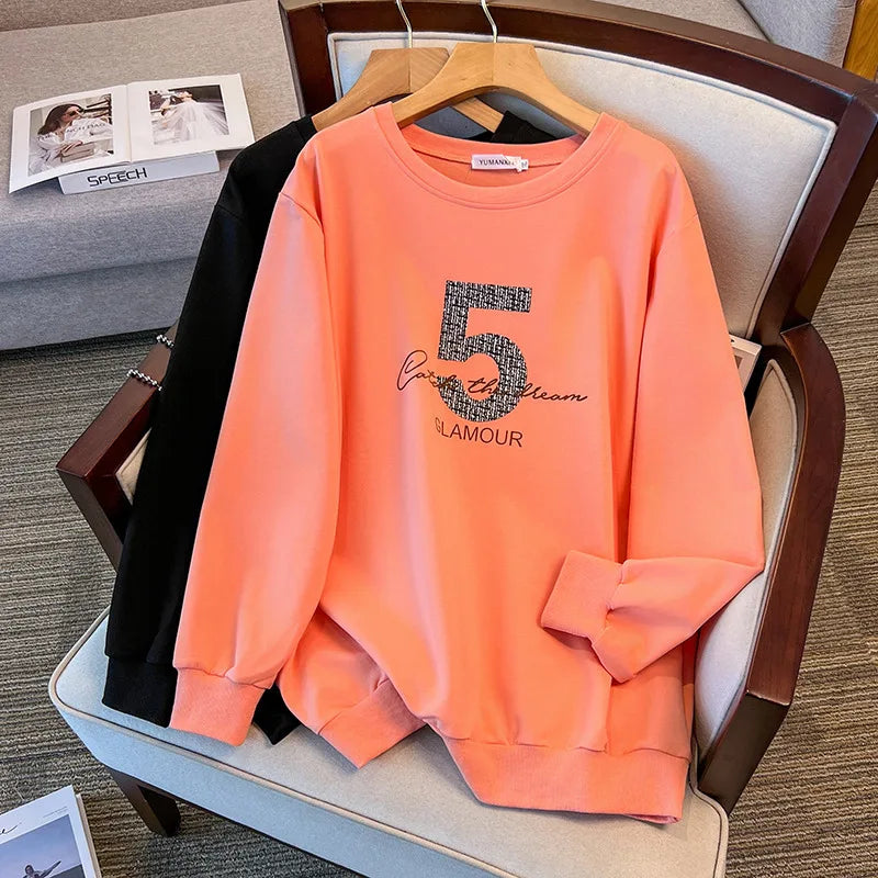 175kg plus size Damen büste Frühling Herbst loser Rundhals ausschnitt bedrucktes Langarm-Sweatshirt schwarz orange 5xl 6xl 7xl 8xl 9xl.