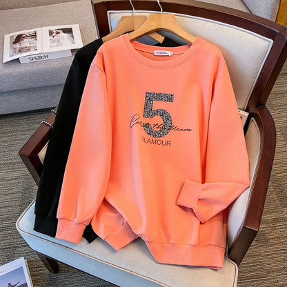 175kg plus size Damen büste Frühling Herbst loser Rundhals ausschnitt bedrucktes Langarm-Sweatshirt schwarz orange 5xl 6xl 7xl 8xl 9xl.
