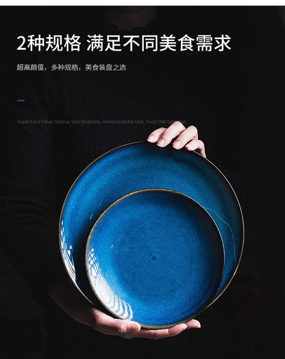 Japanese Blue Kiln Change Ceramic Tableware American Tableware Retro Household Dishes Set Rice Bowl Dishes Restaurant Plate.
