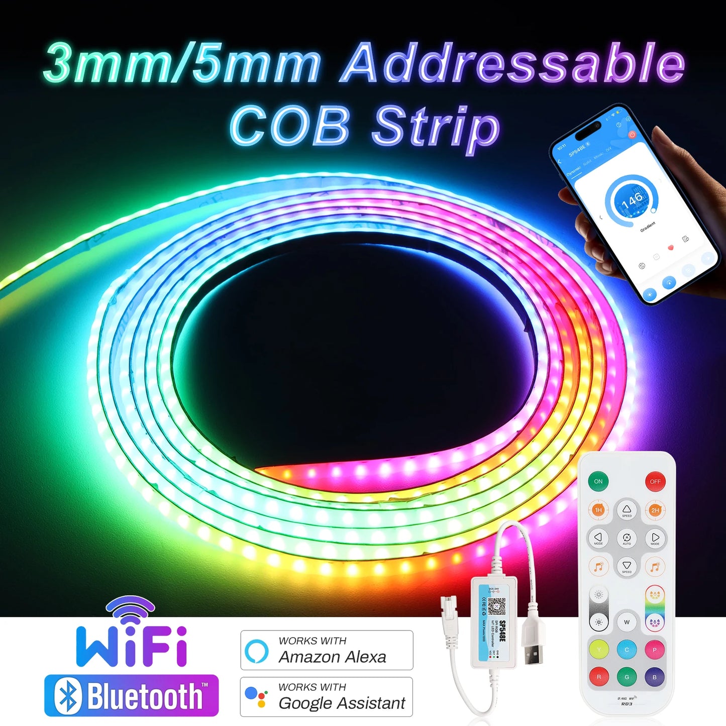 3mm 5mm 5V WS2812B Addressable COB LED Strip Individually IC RGB Flexible LED Strip High Density Dream Color LED Tape.