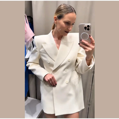 Elegante Zweireiher Blazer Mantel Frauen Schlank Revers Schulter Pads Langarm Jacke 2025, Herbst Büro Dame Pendeln Outer.