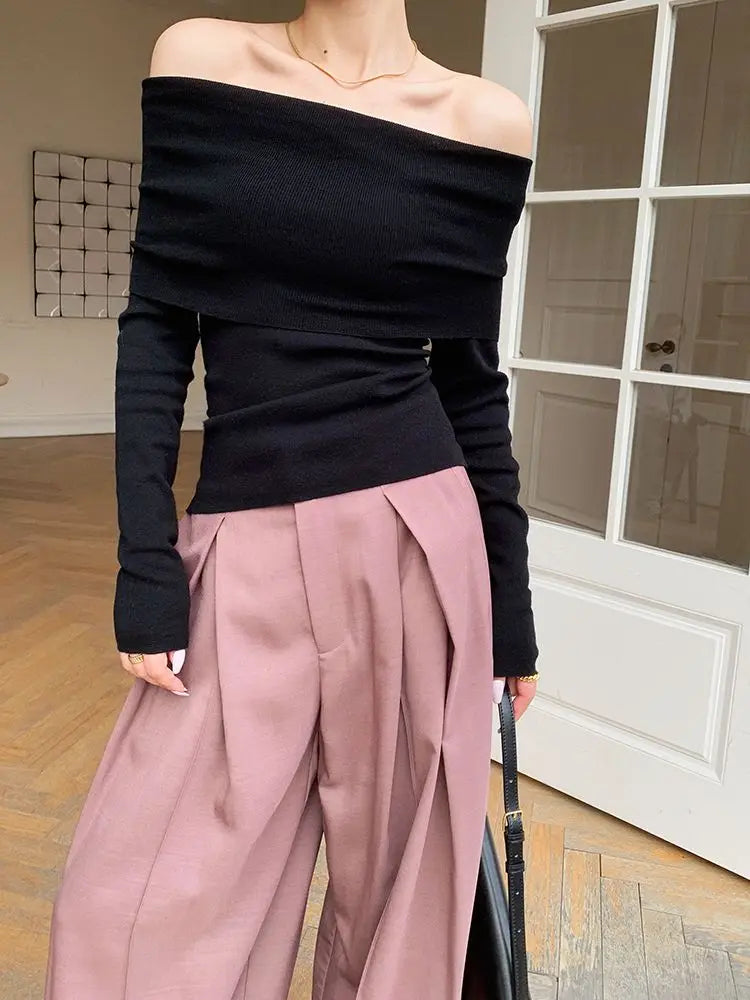 Slash Neck Pullover Frauen Tops Gestrickte Dünne Grundlegende Alle-spiel Sexy Elegante Off Schulter Herbst Winter Langarm Pullover weibliche.