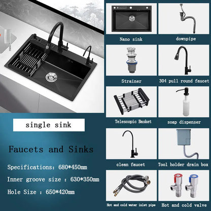 kitchen sink Black nano-sink single-slot household hand-washing basin kitchen large 304 stainless steel sink sink bowl