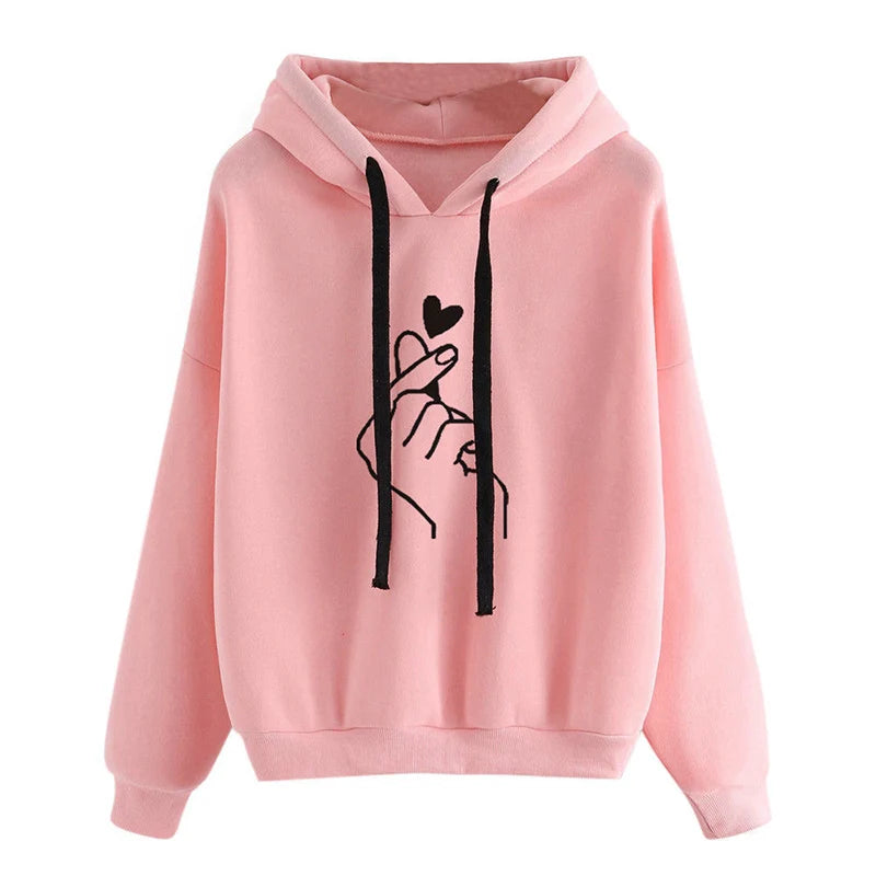 Herbst Fleece Hoodie Einfarbig Finger Herz Mit Kapuze Koreanische Mode Sweatshirts Langarm Top Kordelzug Taschen Lose Hoodies.