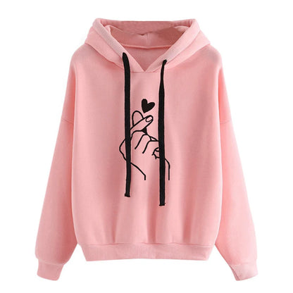 Herbst Fleece Hoodie Einfarbig Finger Herz Mit Kapuze Koreanische Mode Sweatshirts Langarm Top Kordelzug Taschen Lose Hoodies.