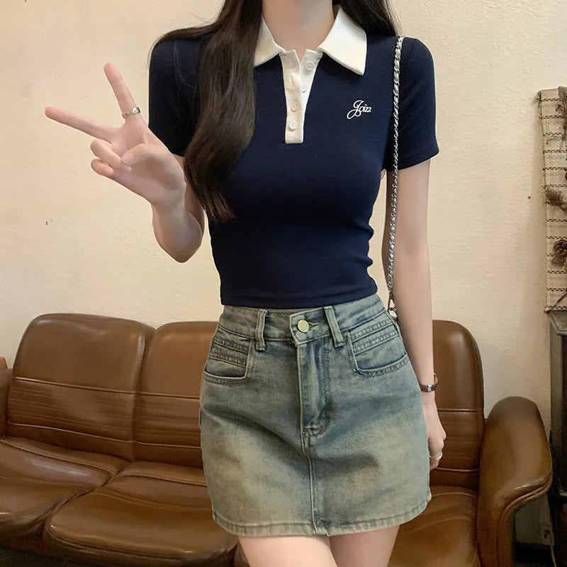 Original Quality Short Sleeve Polo Neck T-Shirt Women's Slim Fit Waist Cinched Sexy Design Casual Sweet Style Polyester Fabric.