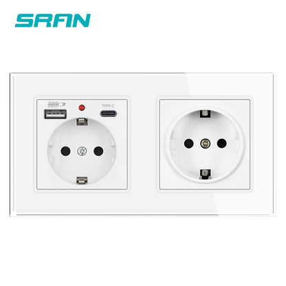 SRAN Eu-Steckdosen 220 V 16 A 82 x 82 mm Glas-Doppel-Dreifach-Wandstecker Russland Spanien Eingebautes Heimbüro