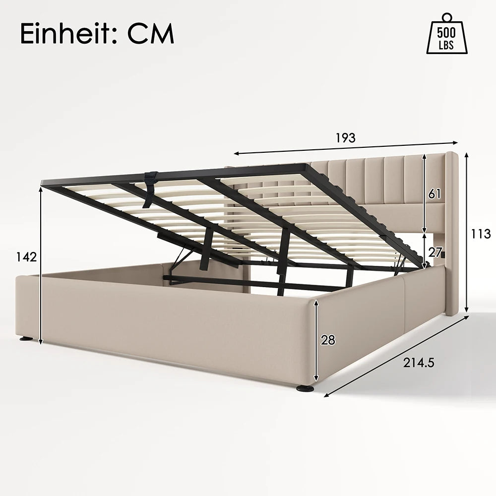 KOMHTOM Hydraulisches Doppelbett 180x200cm mit Polster, Lattenrost aus Holz, Metallrahmen, Leinen, Beige