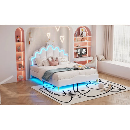 Polsterbett ohne Matratze, ferngesteuertes Umgebungslichtbett mit 2 Schubladen, kronenförmiges Prinzessinnenbett, verstellbarer Kopf, PU, Weiß