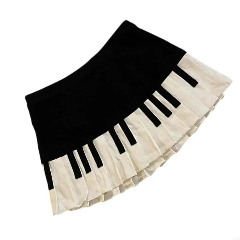 Y3NE Women Schoolgirl High Waist Pleated Flared Vintage Piano Print A Line Mini Skirt.
