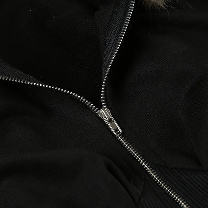 Goth Dark Autumn Winter Faux Fur Collar Solid Hooded Coats Women Casual Slim Waist Zip Hoodies Gothic Jackets Chic Streetwear.