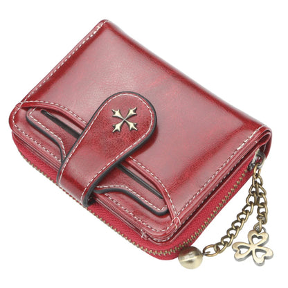 Women's Short Oil Wax Leather Coin Purse Fashion Buckle Zipper Wallet Driver's License Card Bag.