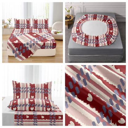 3pcs Valentine's Day Heart Print Bed Canopy Pillowcase Set Romantic Love Theme Red Heart Design Fitted Sheet Suitable for Girls.