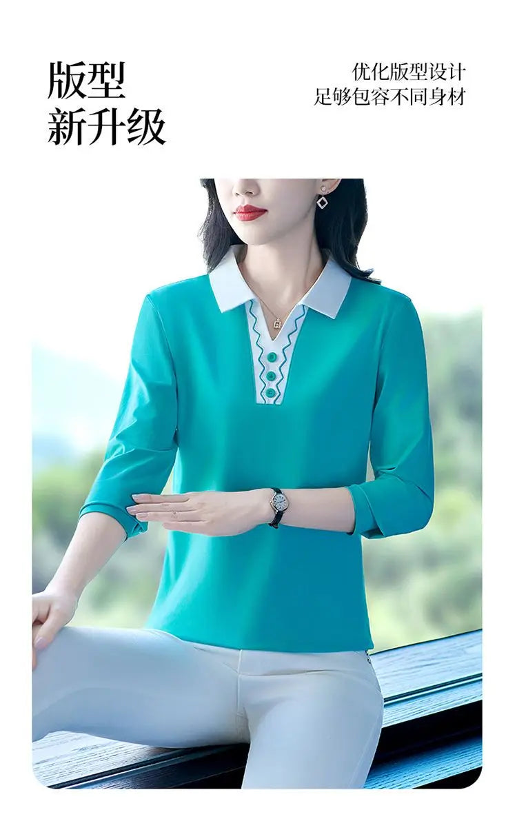 2025 Autumn New Women Clothes Office Lady Simplicity Patchwork Polo-Neck Top Tee Ladies Fashion Loose Buttons Long Sleeve Shirts.