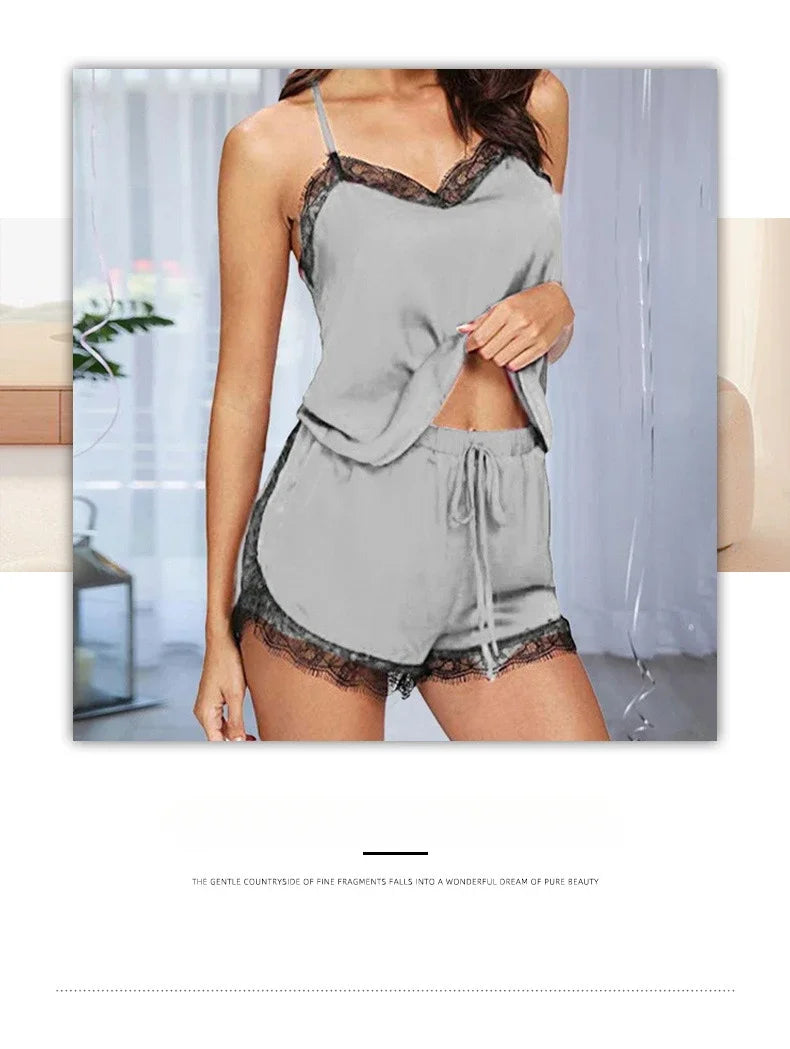 Damen-Nachtwäsche, Übergröße, Spitze, zweiteiliger Anzug, Mädchen, Hosenträger, Tops und Hosen, einfarbig, weich, modisch, Shorts, Pyjama, Homewear.