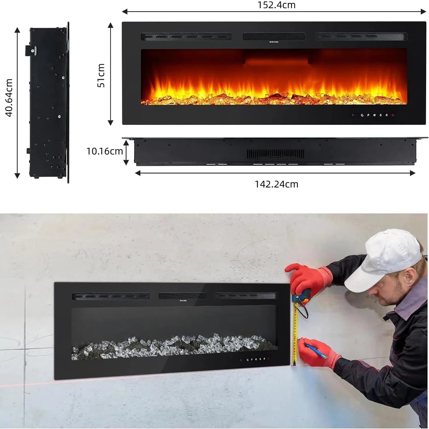 40/50/60inch Wall-Mounted Electric Fireplace, 220V 1500W, Two Levels Of Heating, 3D 12LED Color Modes and Realistic Flame Effect.