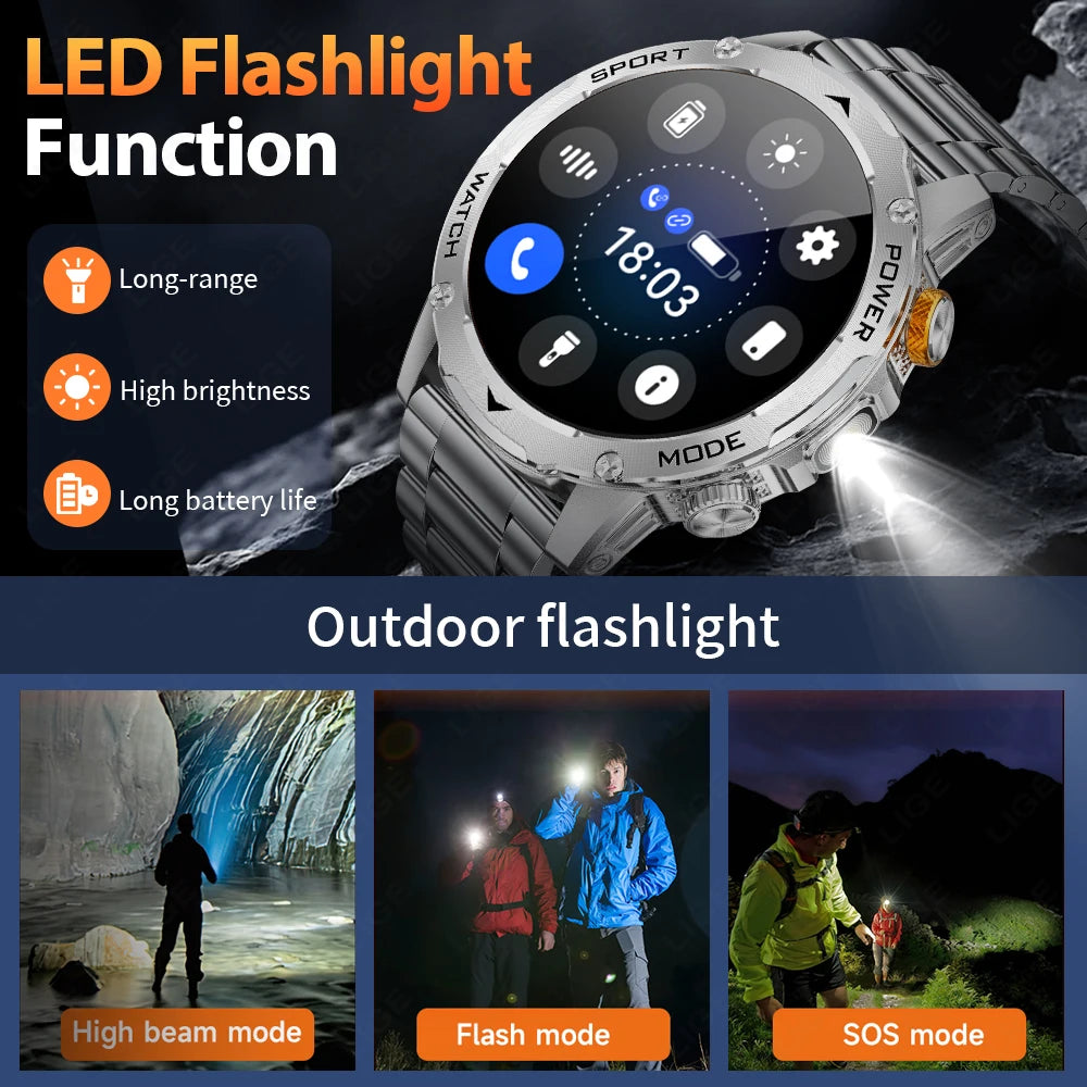 LIGE 2025 New 1000mah Smart Watch Men AMOLED HD Display Sport Fitness LED Flashlight Bluetooth Call Smartwatch For HUAWEI XIAOMI.