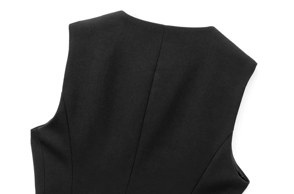 TRZA-Lange Damenweste mit Gürtel, Goldknopf vorne, O-Ausschnitt, ärmellose Weste, weibliche Oberbekleidung, schicke Oberteile, Mode.