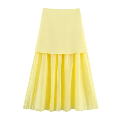 ETJ 2025 spring new  women's elegant fashion same color splicing small pleated hem high waist knit skirt