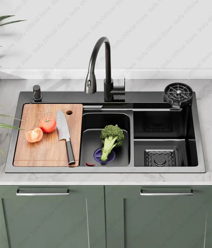 Multifunctional Kitchen Sink Large Capacity Single Bowl Stainless Steel Sink Vegetable Workstation With Faucet Drain Accessories