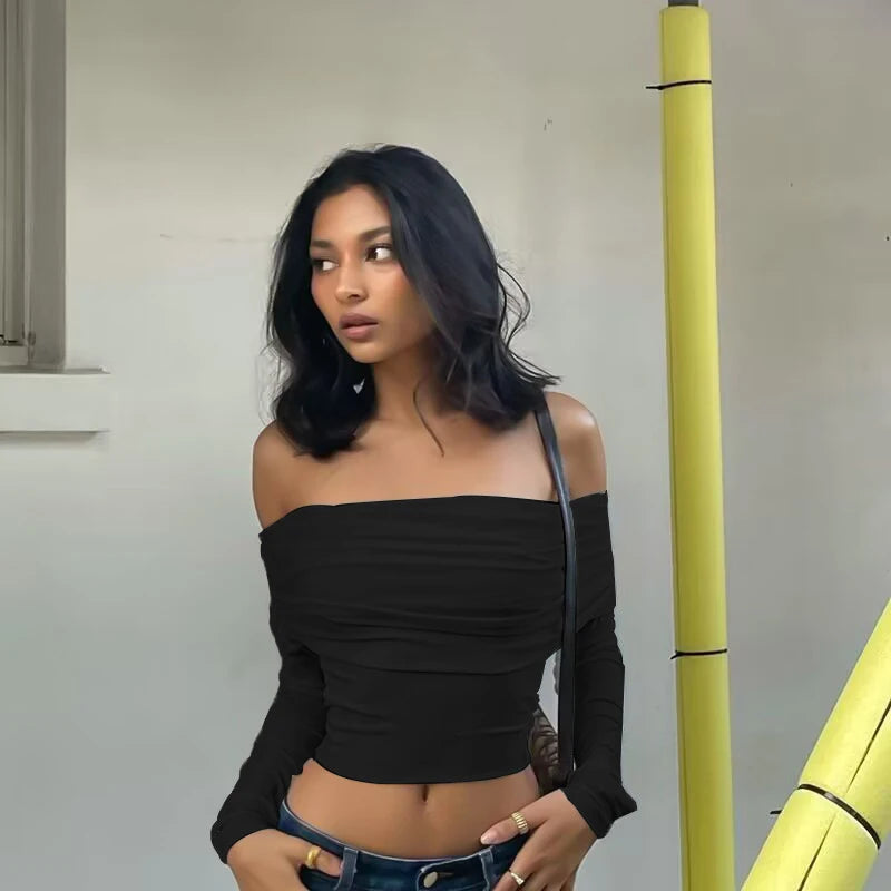 Women Off Shoulder Long Sleeve Slim Tops and Blouses Mesh Ruched Crop Tops Summer Autumn Y2K Sexy Elegant Shirts Female.