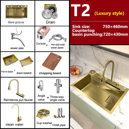 Goldene Küchenspüle aus Edelstahl, multifunktionale Wasserfall-Auslass, Einzelschlitz, Klavierknopf, Digitalanzeige