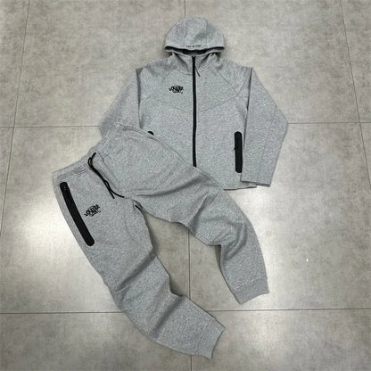 Casual Embroidered Fleece Lined Open Cardigan Hooded Zipper Pants Set for Men And Women Color Block Design by Syna.