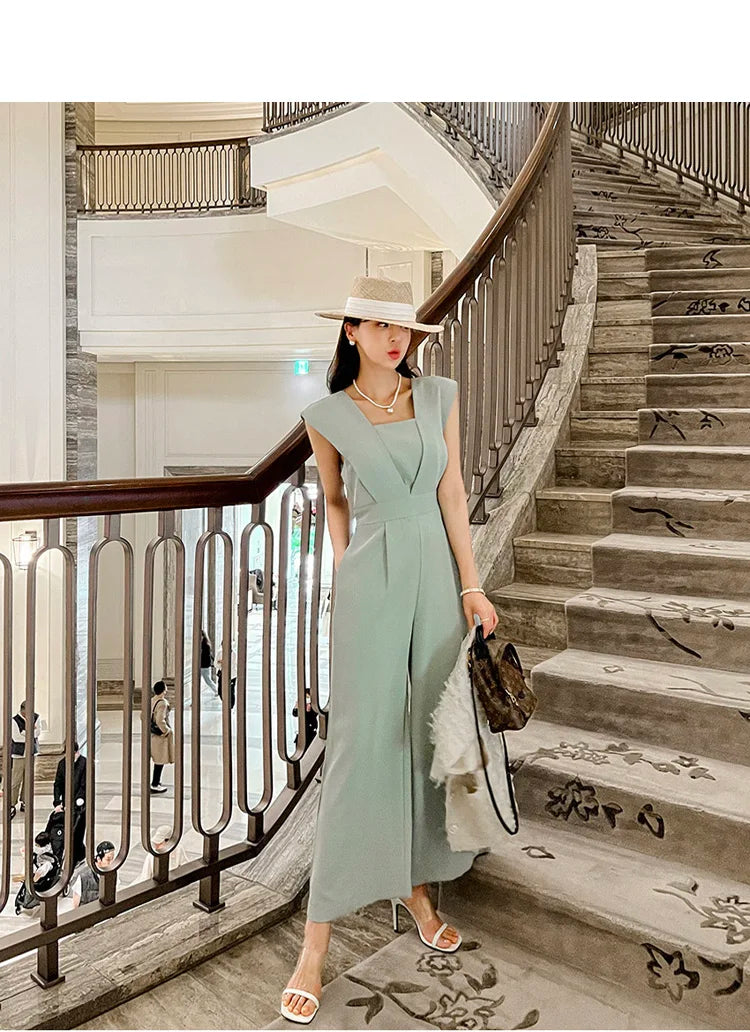 H Han Queen Summer Elegant Business Jumpsuits Women Simple Wide Leg Long Playsuits Korean Sleeveless Casual Rompers Office Lady.