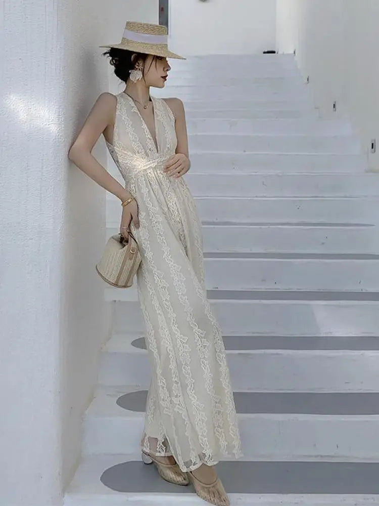 Women Beige Elegant Backless Pleated Lace Jumpsuit Summer V Neck Sleeveless High Waist Wide Leg Long Pant Rompers Sexy Club Chic.