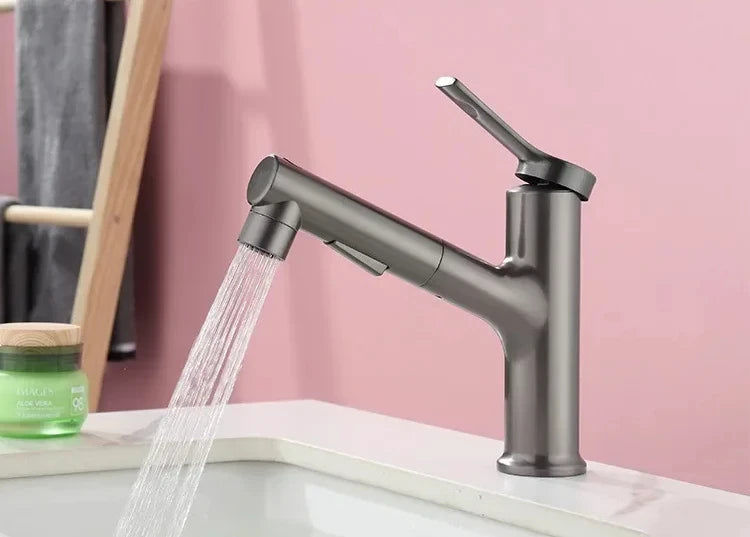 Single Handle Dual Hole Hot Cold Brass Washbasin Faucet 3 Function Stream Sprayer Pull Out Basin Sink Mixer Tap for Bathroom