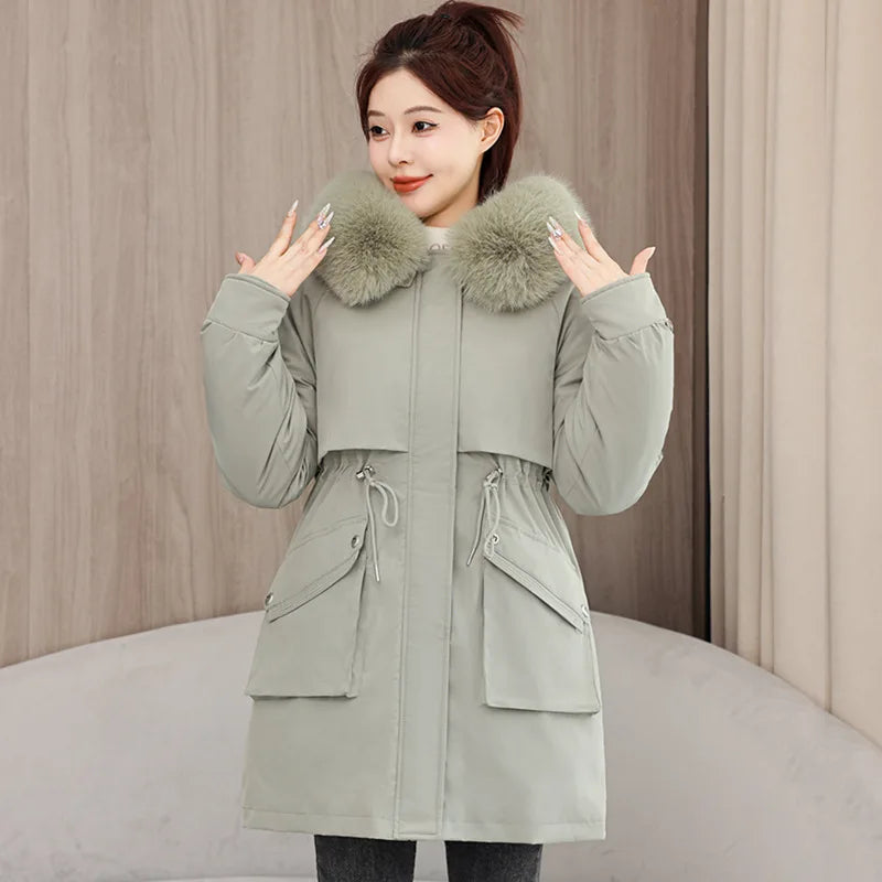 Winter dame Winter Stepp Mantel Abnehmbare Futter Pelz Kragen Gürtel Parka Jacke Für Frauen Verdickt Thermische frauen Mantel