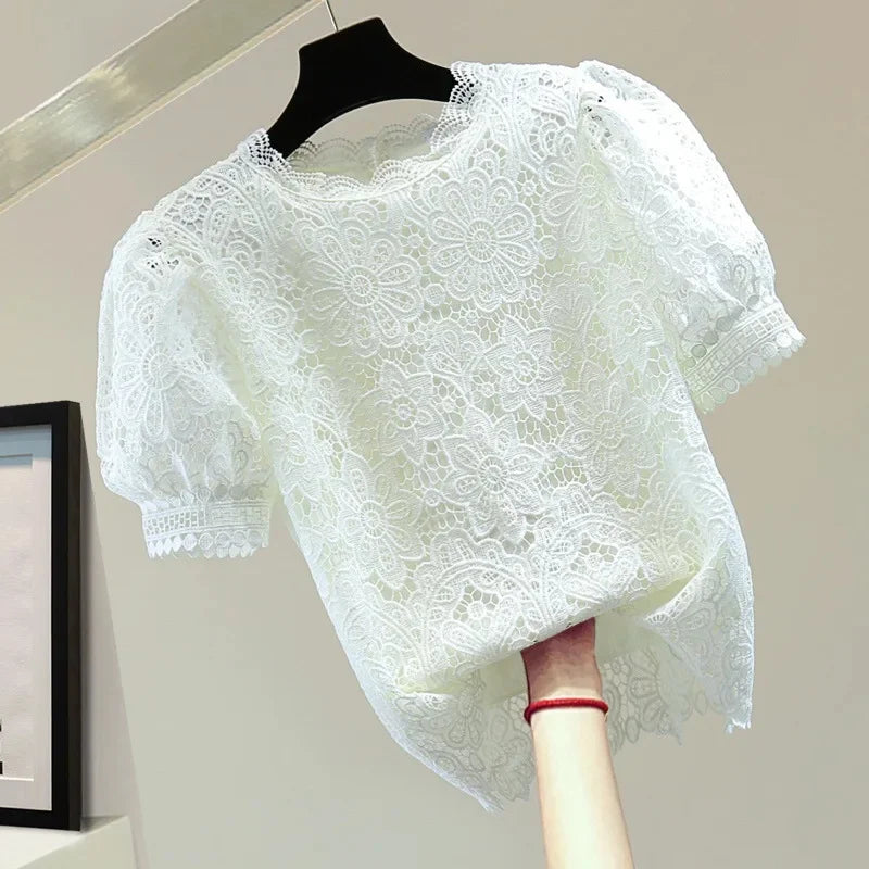 Loose Straight Korean Style Summer Top Pure Color Hooked Hollow out Ladies Lace Shirt Overhead Bubble Sleeve Women's Fashion.
