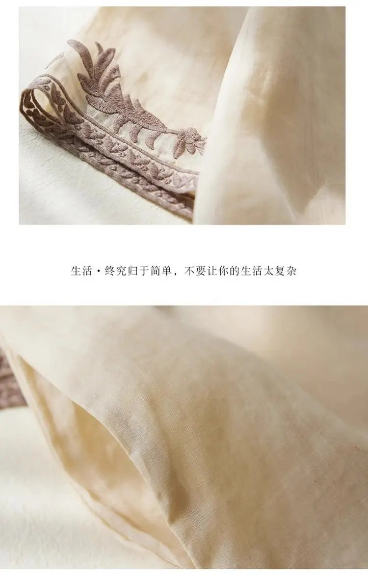 Ethnisches Vintage-Kurzarmkleid aus schwerer Stickerei aus Baumwolle und Leinen für Damen, lockeres langes Sommerkleid mit V-Ausschnitt und elegantem Stil