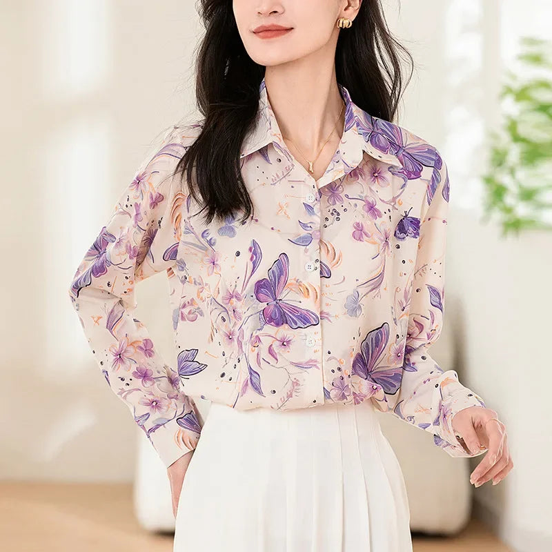 Fashion Korean Casual Women's Long Sleeve Butterfly and Flower Printed Shirt Office Lady Tops.