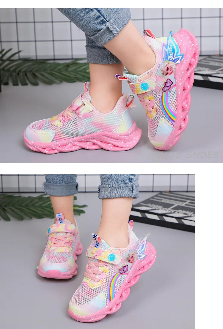 Disney Girls' Casual Shoes Led Lights Mesh Breathable Children's Sports  Princess Elsa Pink Purple Shoes Sneakers Size 22-37.