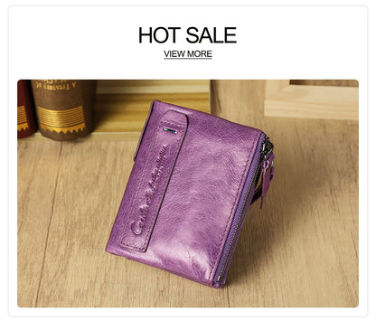 Fashion Genuine Leather Women Wallet Bi-fold Wallets Red ID Card Holder Coin Purse With Double Zipper Small Women's Purse 2022