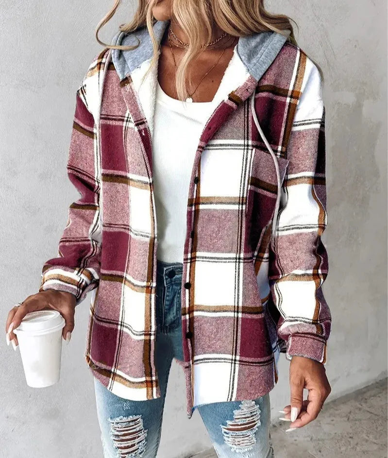 Neue Herbst und Winter frauen Plaid Jacke Mit Kapuze Mode Taste Strickjacke Top Tasche Casual Straße Vielseitige Jacke.