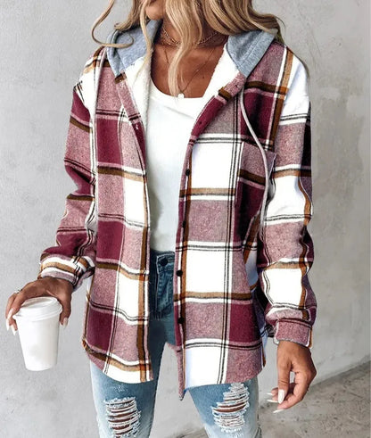 Neue Herbst und Winter frauen Plaid Jacke Mit Kapuze Mode Taste Strickjacke Top Tasche Casual Straße Vielseitige Jacke.