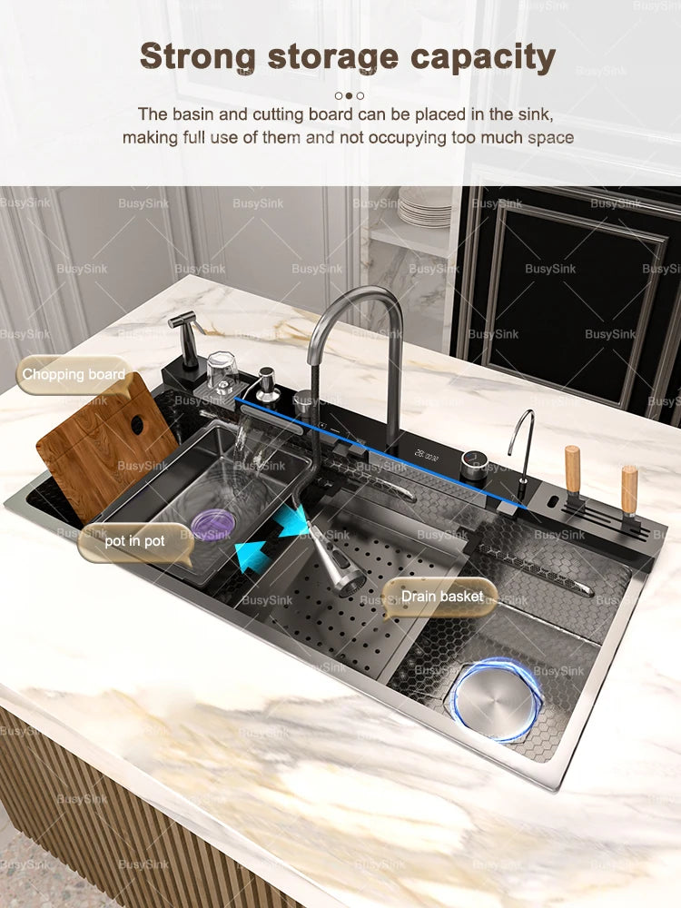 100x50cm Waterfall Kitchen Sink Stainless Steel Extra Large Single Bowl Digital Display Multifunctional Dishwashing Sinks
