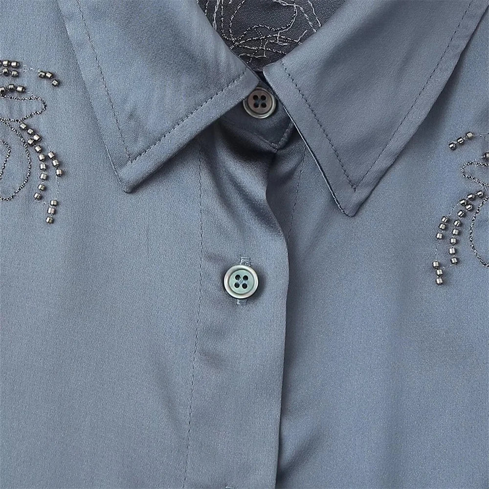 Summer New Product Women's Style Flip Collar with Beaded Embroidered Shirt, High Waist Straight Leg Pants Set.