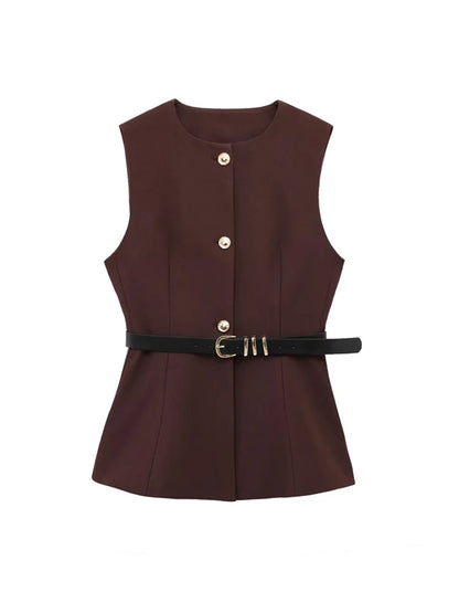 TRZA-Lange Damenweste mit Gürtel, Goldknopf vorne, O-Ausschnitt, ärmellose Weste, weibliche Oberbekleidung, schicke Oberteile, Mode.