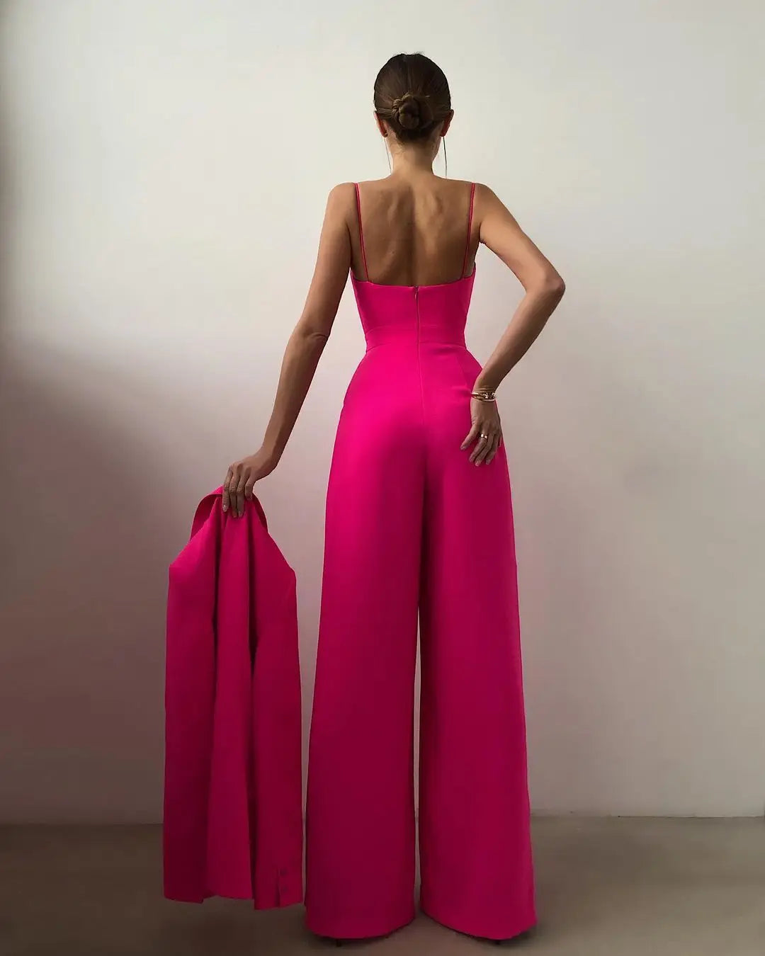 2025 Spring Summer Chiffon Elegant Jumpsuits Women Spaghetti Strap High Waist Wide Leg Jumpsuits Overalls Solid Womens Jumpsuit