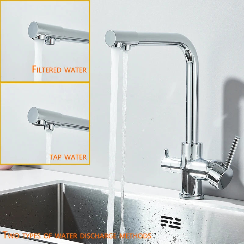 Filter Kitchen Faucet Chrome Drinking Pure Water Kitchen Tap Deck Mounted Dual Handles 3-Ways Hot and Cold Water Mixer