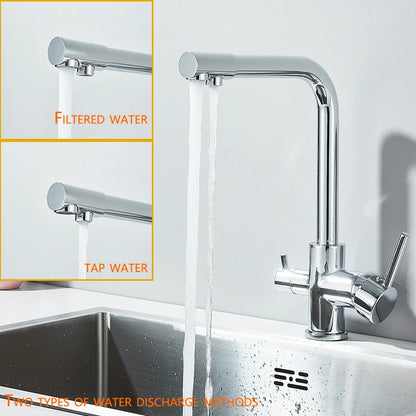 Filter Kitchen Faucet Chrome Drinking Pure Water Kitchen Tap Deck Mounted Dual Handles 3-Ways Hot and Cold Water Mixer