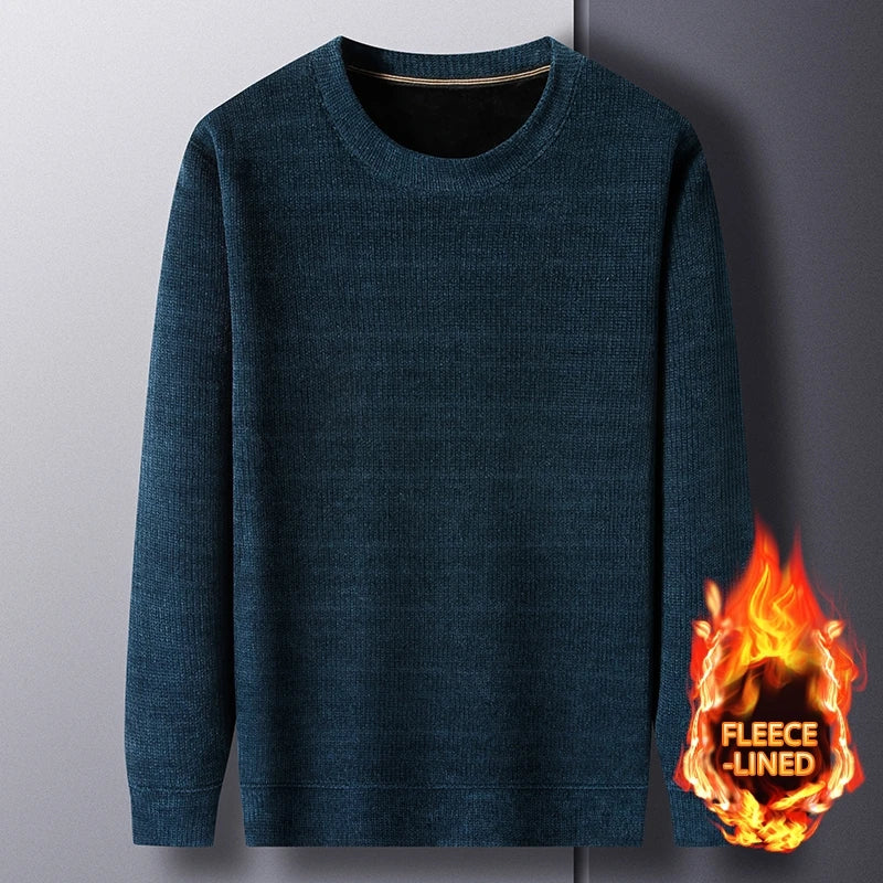 Fleece-Lined Knitted Pullover Sweater Casual Jumper for Men Insulated Warm Long Sleeve Thick Material Round Neck Design.
