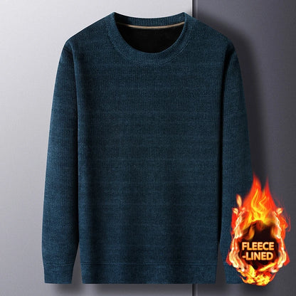 Fleece-Lined Knitted Pullover Sweater Casual Jumper for Men Insulated Warm Long Sleeve Thick Material Round Neck Design.