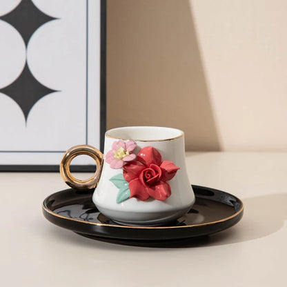 120ml Ceramic Coffee Cup Saucer Set Hand Pinched Flowers with Hand and Dish Milk Tea Porcelain Drinkware Tableware Gift.