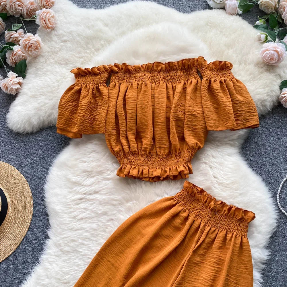 2024 Summer Green/Black/Red Two Piece Set Women Sexy Slash Neck Short Tops + High Waist Wide Leg Pants Female Suit New